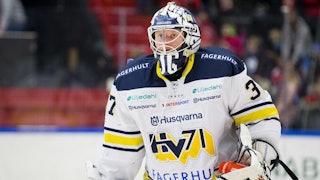 Närbild på HV71-målvakten Jonas Gunnarsson i vitt matchställ med läktaren i bakgrunden