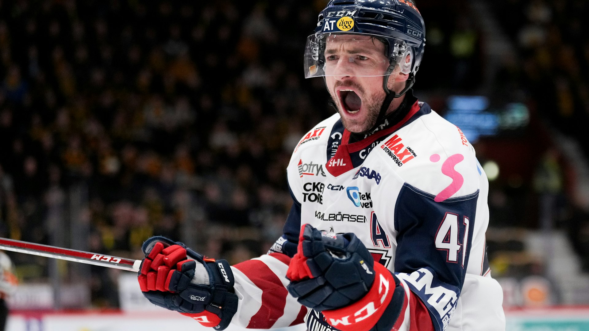 240324 Linköpings Broc Little jublar efter 2-2 under kvartsfinal två i SHL mellan Skellefteå och Linköping den 24 mars 2024 i Skellefteå.
Foto: Ola Westerberg / BILDBYRÅN / COP 117 / OW0154
ishockey ice hockey shl svenska hockeyligan swedish hockey league kvartsfinal quarterfinal quarterfinals skellefteå linköping jubel